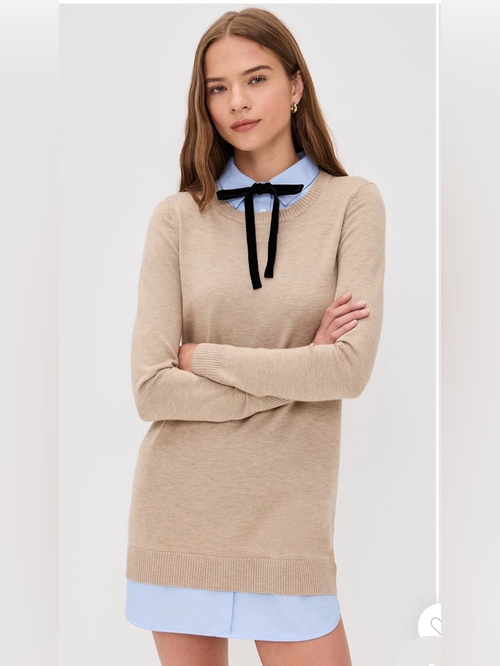 English Factory Beige Sweater Dress with Light Blue Collar and Black Bow